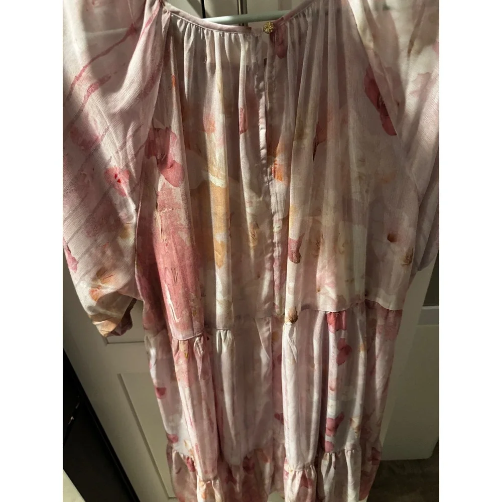 MELLODAY Floral‎ Tiered Midi Dress XL Pink Mauve Boho Sheer Gauze